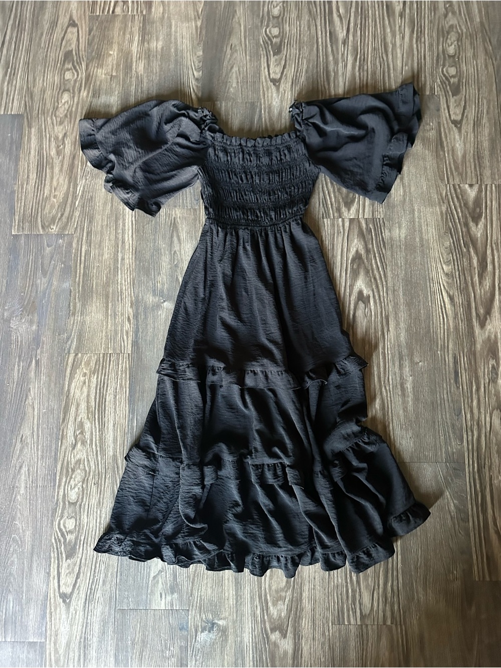 Black Puff-Sleeve Smocked Midi Dress